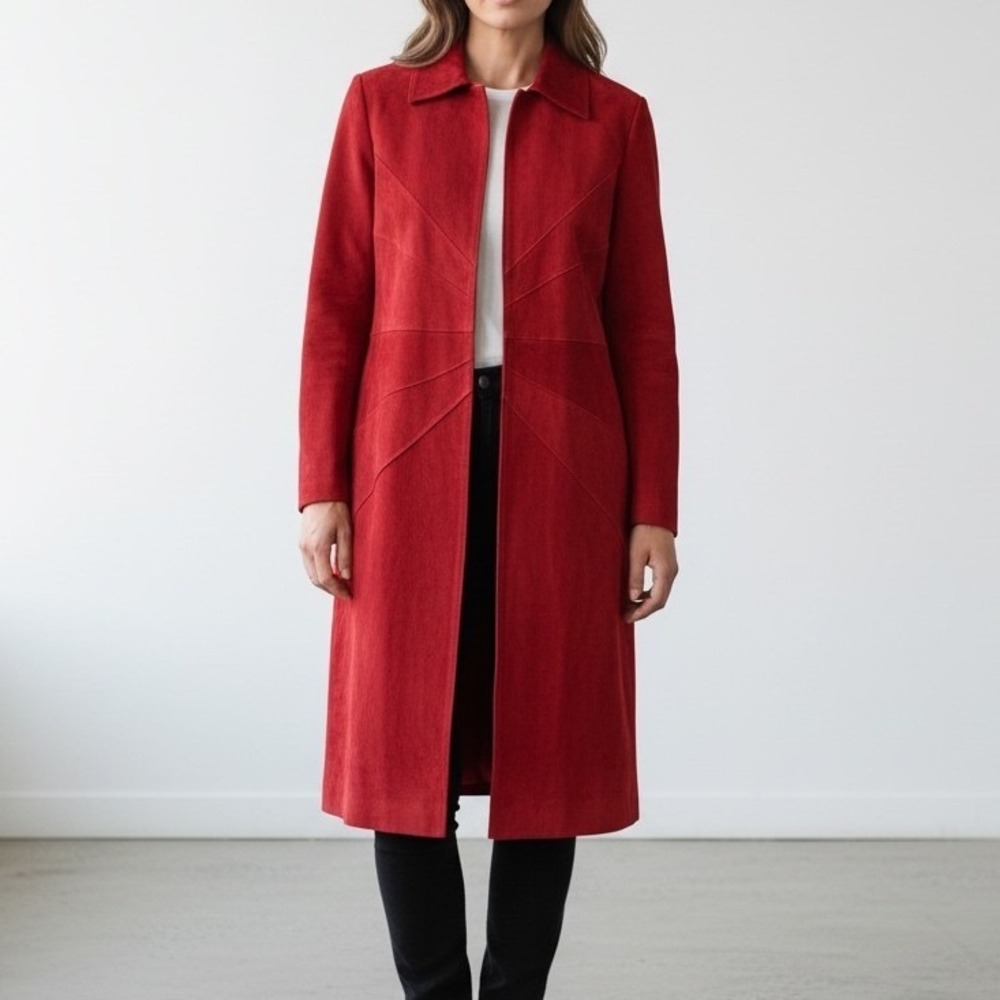 Vintage Y2K Glam Red Suede Longline Coat S 100% Leather Arden B Mob‎ Wife Glam